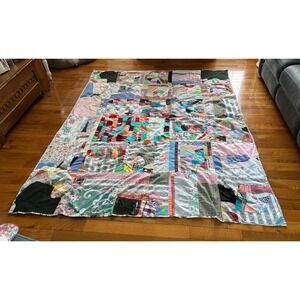 Vintage Handmade Crazy Quilt Topper Scrap Patchwork Boho Folk Art Multi Color